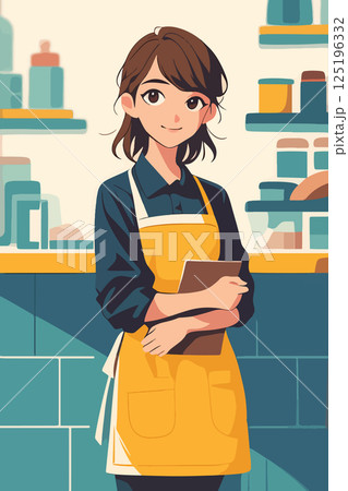 アニメタッチのお店で働くエプロンの女性のAI生成画像 125196332