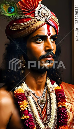 Richly adorned, Lord Krishna captivates onlookers with his serene grace and radiant attire, reflecting profound love and wisdom during a spiritual celebration Generative AI 125196334