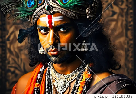 A charismatic figure dressed in traditional attire signifies Lord Krishna, exuding an aura of love and wisdom Generative AI 125196335