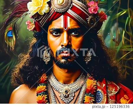 Lord Krishna, adorned with vibrant flowers and intricate jewelry, stands gracefully surrounded by lush greenery, embodying love, compassion, and wisdom during a sacred celebration Generative AI 125196336