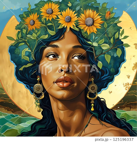 Gaia stands gracefully, her hair intertwined with lush sunflowers and greenery, symbolizing the bounty of nature Generative AI 125196337