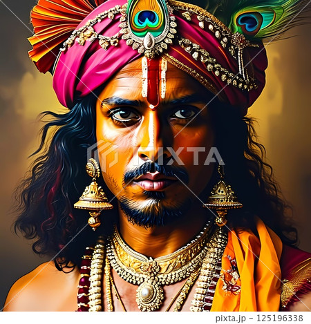 Capturing a moment filled with devotion and compassion, a figure embodies Lord Krishna, adorned in intricate jewelry and vivid clothing, exuding wisdom and grace in a serene setting Generative AI 125196338