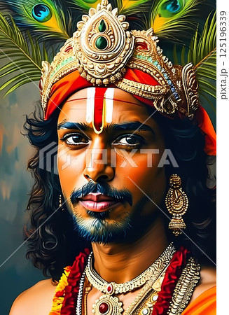 Lord Krishna radiates divine love and wisdom with a serene expression, adorned with colorful jewelry and peacock feathers, evoking compassion and grace against a rich backdrop Generative AI 125196339