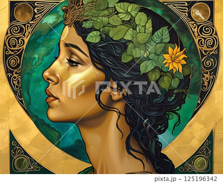 Embodying the spirit of Gaia, this artwork showcases a woman adorned with leaves and a sunflower, symbolizing her connection to nature and the earth's bounty Generative AI 125196342