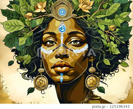 In a serene landscape, Gaia, the embodiment of earth's essence, showcases her connection to nature, adorned with flowers and rich foliage, symbolizing life and renewal Generative AI 125196343