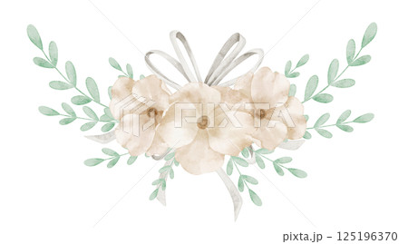 Beige Floral composition in watercolor with foliage in pastel colors. Illustration of Flowers and leaves for wedding invitations or Baby shower invitations. Botanical drawing for childish stationary. 125196370