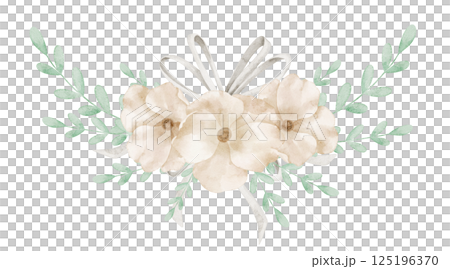 Beige Floral composition in watercolor with foliage in pastel colors. Illustration of Flowers and leaves for wedding invitations or Baby shower invitations. Botanical drawing for childish stationary. 125196370