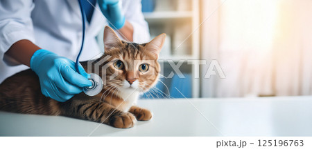 動物病院で獣医さんに聴診器を当てられているかわいい猫 動物病院で獣医さんに聴診器を当てられているかわいい猫 125196763