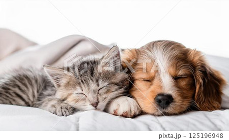 仲良く一緒に寝ている子犬と猫 125196948