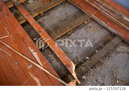 The house is undergoing renovation work to replace the old wooden floors The house is undergoing renovation work to replace the old wooden floors 125197126