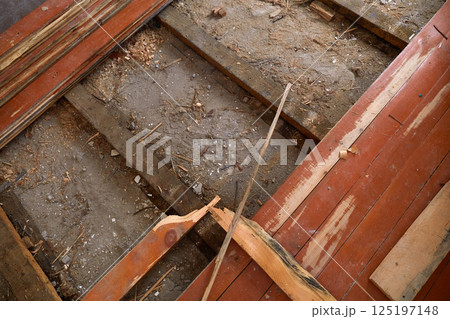 The house is undergoing renovation work to replace the old wooden floors The house is undergoing renovation work to replace the old wooden floors 125197148