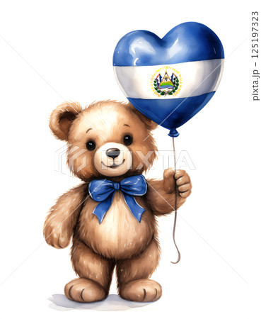 エルサルバドルの国旗のハート型風船を持ったかわいいクマのぬいぐるみ。白背景。 125197323