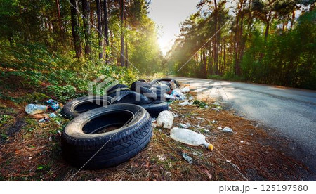 山の中の道端に不法投棄された古いタイヤとゴミ 山の中の道端に不法投棄された古いタイヤとゴミ 125197580