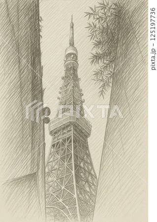 都会の隙間から覗く東京タワーのイラスト 125197736