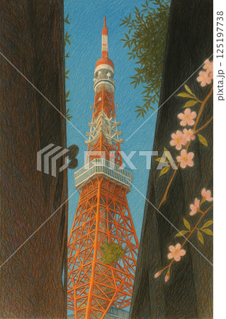 都会の隙間から覗く東京タワーのイラスト 125197738