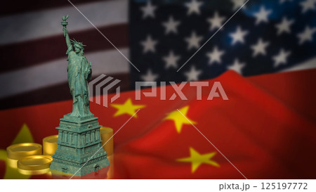 The Statue of Liberty on China and America flag Background 3d Rendering. 125197772