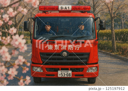桜並木を走る消防車のイラスト 125197912