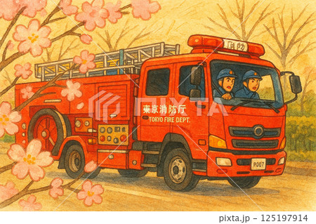 桜並木を走る消防車のイラスト 125197914