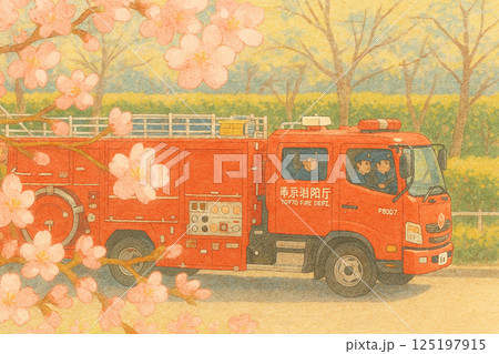 桜並木を走る消防車のイラスト 125197915