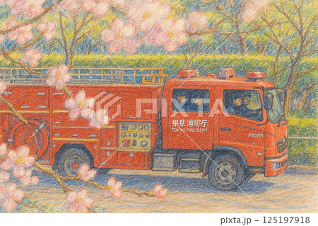桜並木を走る消防車のイラスト 125197918
