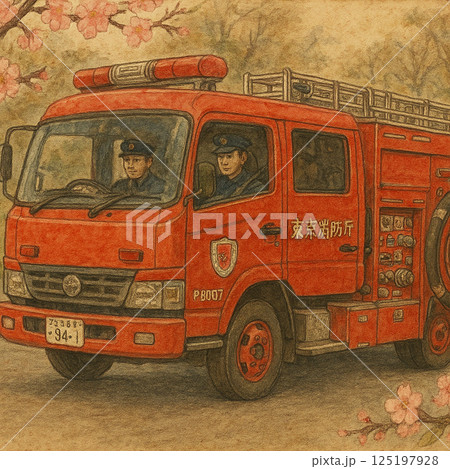 桜並木を走る消防車のイラスト 125197928