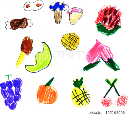 子供が描いたフルーツ果物食べ物、きのこ、目玉焼き 125198096