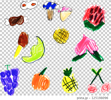 子供が描いたフルーツ果物食べ物、きのこ、目玉焼き 125198096