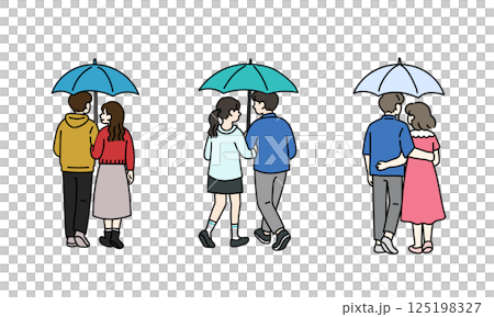 Back view of a casual couple standing close together under an umbrella 125198327