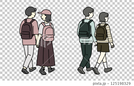 Back view of a casual couple holding hands 125198329