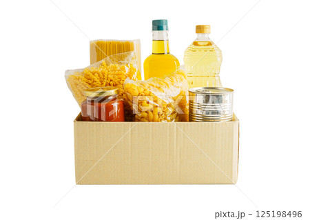 Foodstuffs in donation box isolated on white with clipping path. 125198496