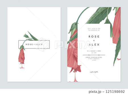 Minimalist floral wedding invitation card template design, red sleeping hibiscus flowers and leaves on white 125198692