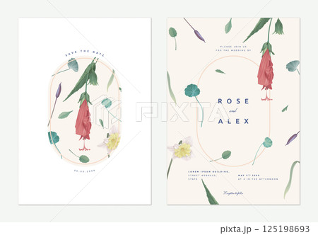 Vintage floral wedding invitation card template design, red sleeping hibiscus flowers and various plants on bright brown Vintage floral wedding invitation card template design, red sleeping hibiscus flowers and various plants on bright brown 125198693