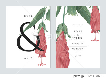 Floral wedding invitation card template design, red sleeping hibiscus flowers with ampersand lettering on white 125198699