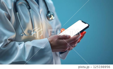A medical professional presents a smartphone with a blank screen, highlighting the role of telemedicine in modern healthcare 125198956