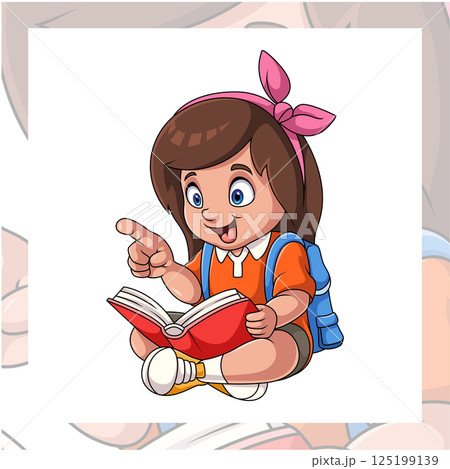 Cartoon little girl student reading a book Cartoon little girl student reading a book 125199139