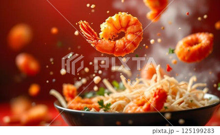 Flying fried shrimp enveloped in smoke, illustrating the excitement of Chinese food preparation 125199283