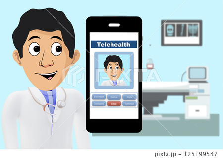Smartphone showing telehealth mobileapp on screen with doctor cartoon character. 125199537