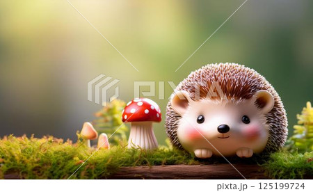 キノコとかわいいハリネズミの置き物とコピースペース 125199724