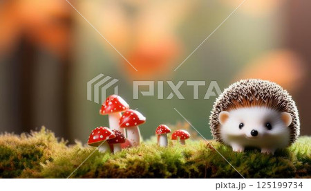 キノコとかわいいハリネズミの置き物とコピースペース 125199734