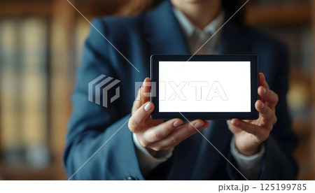 A woman in a professional business suit, a lawyer, showcases a tablet with a blank screen, indicating preparation for a meeting 125199785