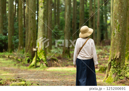 山奥の原生林を散策するミドル女性 山奥の原生林を散策するミドル女性 125200691