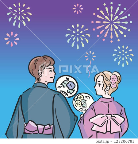 フレーム　浴衣　男性　女性　手描き　夏　まつり　花火　背景　イラスト　テンプレート　デザイン 125200793