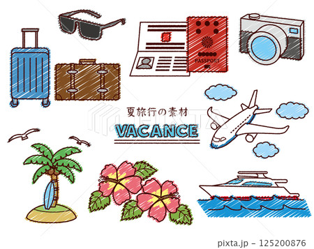 手書き風夏旅行のシンプルなカラーイラストセット 125200876