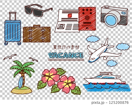 手書き風夏旅行のシンプルなカラーイラストセット 125200876