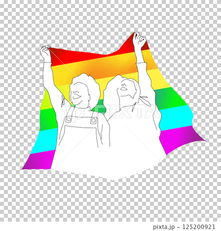 Hand drawn vector illustration of two people holding rainbow flags in LGBTQ gay, lesbian gay parade 125200921