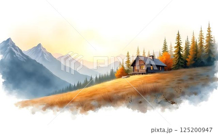 A watercolor landscape featuring a cozy cabin surrounded by majestic mountains, capturing nature's beauty A watercolor landscape featuring a cozy cabin surrounded by majestic mountains, capturing nature's beauty 125200947