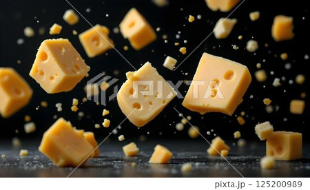 Slices and dices of cheese descend from the sky, creating a playful image on a black canvas 125200989