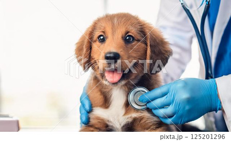 動物病院で聴診器を当てられている笑顔の子犬 125201296