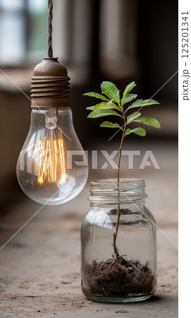 plant grows in jar beside glowing light bulb, symbolizing resilience plant grows in jar beside glowing light bulb, symbolizing resilience 125201341