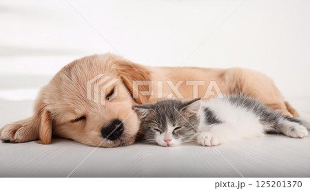 仲良く一緒に寝ているゴールデンレトリバーの子犬と猫 125201370